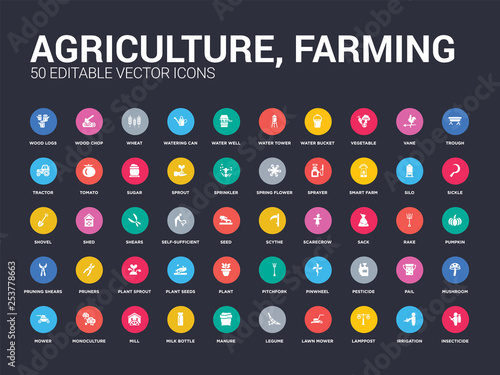 50 agriculture, farming set icons such as insecticide, irrigation, lamppost, lawn mower, legume, manure, milk bottle, mill, monoculture. simple modern isolated vector icons can be use for web mobile