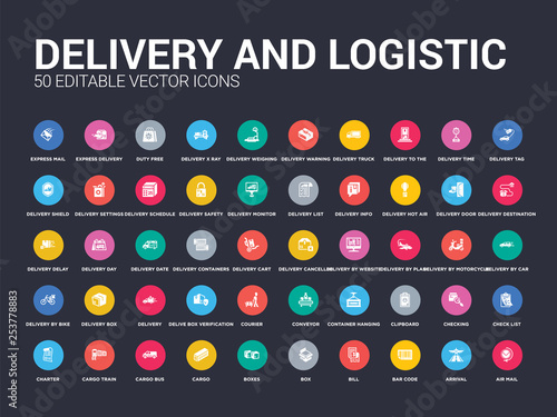 50 delivery and logistic set icons such as air mail, arrival, bar code, bill, box, boxes, cargo, cargo bus, cargo train. simple modern isolated vector icons can be use for web mobile