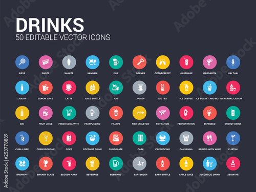 50 drinks set icons such as absinthe, alcoholic drink, apple juice, baby bottle, bartender, beer mug, beverage, bloody mary, brandy glass. simple modern isolated vector icons can be use for web