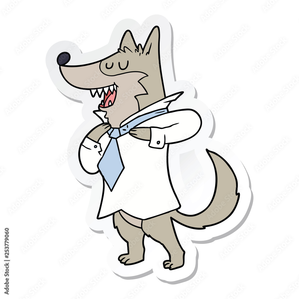 sticker of a cartoon office wolf getting dressed sticker of a cartoon office wolf getting dressed