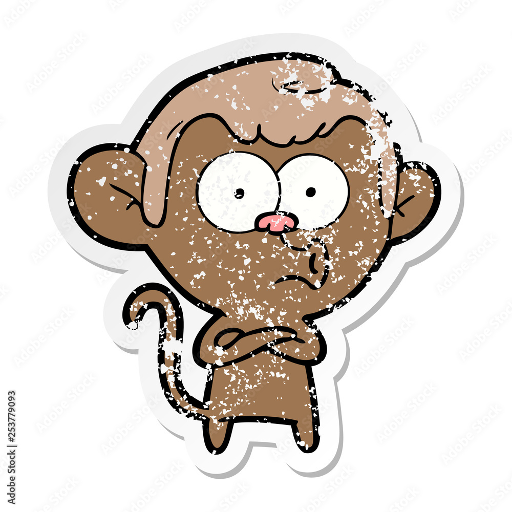 distressed sticker of a cartoon hooting monkey distressed sticker of a cartoon hooting monkey