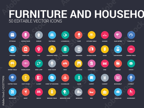 50 furniture and household set icons such as adornment, armchair, bath, bed, bedroom, bedroom lamp, bedside table, bench, bidet. simple modern isolated vector icons can be use for web mobile