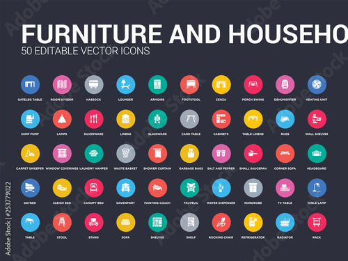 50 furniture and household set icons such as rack, radiator, refrigerator, rocking chair, shelf, shelves, sofa, stand, stool. simple modern isolated vector icons can be use for web mobile