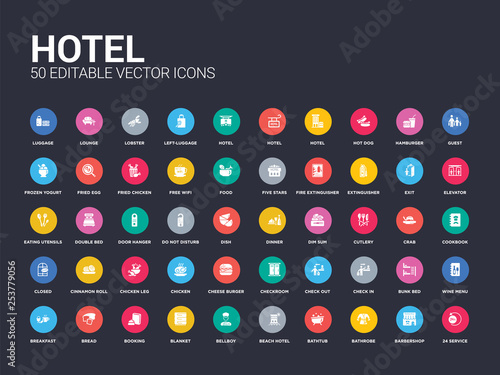 50 hotel set icons such as 24 service, barbershop, bathrobe, bathtub, beach hotel, bellboy, blanket, booking, bread. simple modern isolated vector icons can be use for web mobile