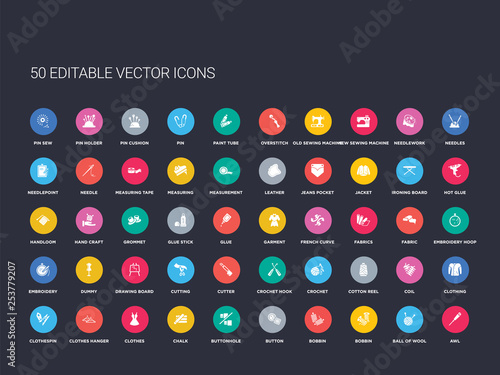 50 sew set icons such as awl, ball of wool, bobbin, bobbin, button, buttonhole, chalk, clothes, clothes hanger. simple modern isolated vector icons can be use for web mobile