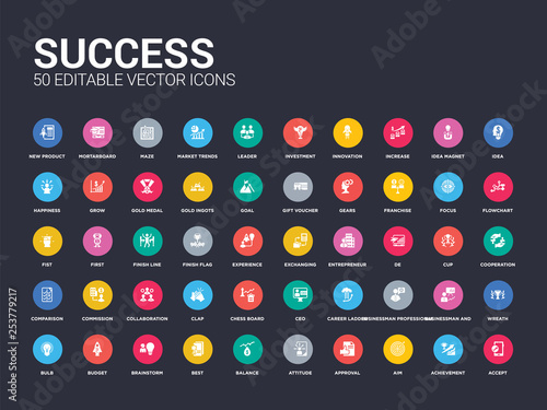 50 success set icons such as accept, achievement, aim, approval, attitude, balance, best, brainstorm, budget. simple modern isolated vector icons can be use for web mobile