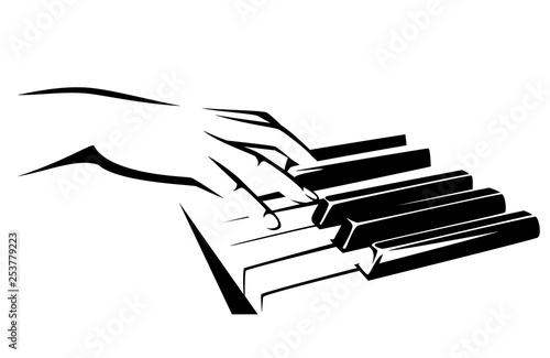female musician hand playing the piano keyboard - classical music concept black and white vector design