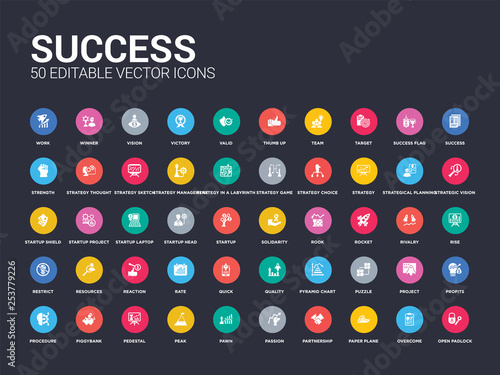 50 success set icons such as open padlock, overcome, paper plane, partnership, passion, pawn, peak, pedestal, piggybank. simple modern isolated vector icons can be use for web mobile
