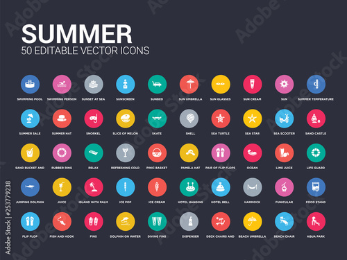 50 summer set icons such as aqua park, beach chair, beach umbrella, deck chairs and sun, dispenser, diving fins, dolphin on water waves, fins, fish and hook. simple modern isolated vector icons can