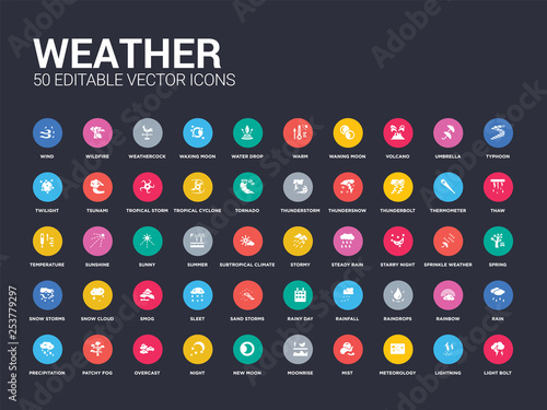 50 weather set icons such as light bolt, lightning, meteorology, mist, moonrise, new moon, night, overcast, patchy fog. simple modern isolated vector icons can be use for web mobile