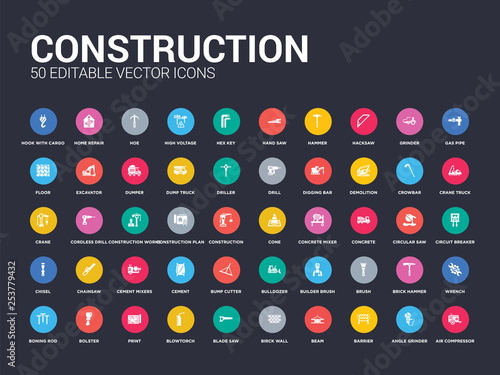 50 construction set icons such as air compressor, angle grinder, barrier, beam, birck wall, blade saw, blowtorch, print, bolster. simple modern isolated vector icons can be use for web mobile