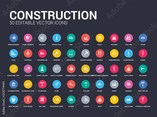 50 construction set icons such as hydraulic breaker, jack plane, jackhammer, joist, ladder, loader, measuring wheel, nail gun, paint brush. simple modern isolated vector icons can be use for web