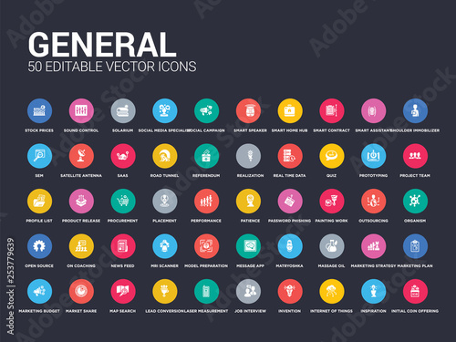 50 general set icons such as initial coin offering, inspiration, internet of things, invention, job interview, laser measurement, lead conversion, map search, market share. simple modern isolated