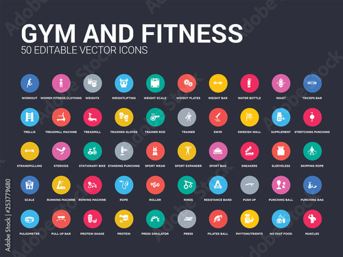 50 gym and fitness set icons such as muscles, no fast food, phytonutrients, pilates ball, press, press simulator, protein, protein shake, pull up bar. simple modern isolated vector icons can be use