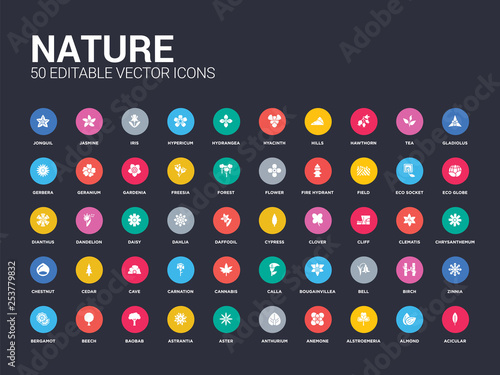 50 nature set icons such as acicular, almond, alstroemeria, anemone, anthurium, aster, astrantia, baobab, beech. simple modern isolated vector icons can be use for web mobile