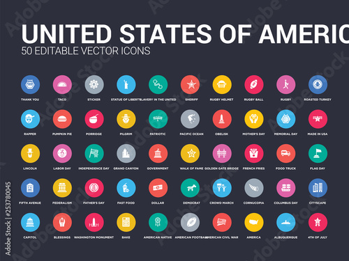 50 united states of america set icons such as 4th of july, albuquerque, america, american civil war, american football, american native, bake, washington monument, blessings. simple modern isolated