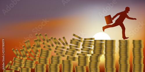 Concept de la catastrophe financière et du krach boursier, avec un homme paniqué qui, pour échapper à la faillite, court sur des piles de pièces de monnaie qui s’écroulent derrière lui.