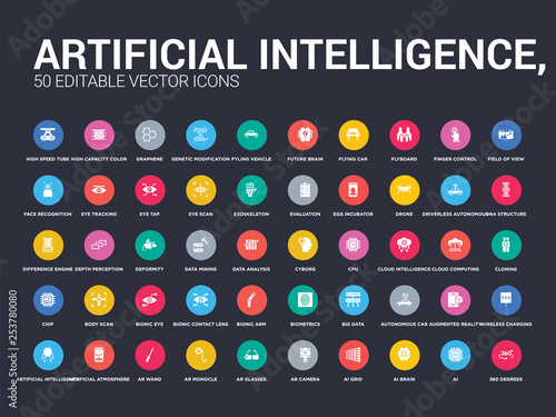 50 artificial intelligence, set icons such as 360 degrees, ai, ai brain, ai grid, ar camera, ar glasses, ar monocle, wand, artificial atmosphere. simple modern isolated vector icons can be use for