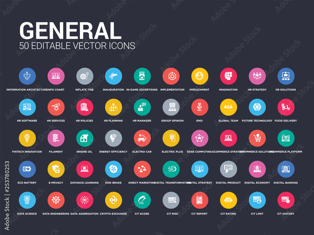 50 general set icons such as cit history, cit limit, cit rating, report, risk, score, crypto-exchange, data aggregation, data engineering. simple modern isolated vector icons can be use for web