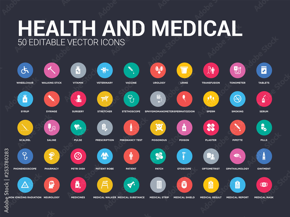 Φωτογραφία 50 health and medical set icons such as medical mask, medical report, result, shield, strip, substance, walker, medicines, neurology