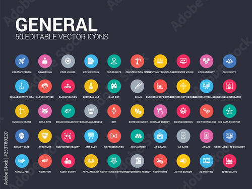 50 general set icons such as 3d modeling, 3d printing, active sensor, add photos, advertising agency, advertising networks, affiliate link, agent script, agitation. simple modern isolated vector
