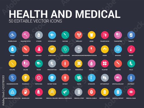 50 health and medical set icons such as medical mask, medical report, result, shield, strip, substance, walker, medicines, neurology. simple modern isolated vector icons can be use for web mobile