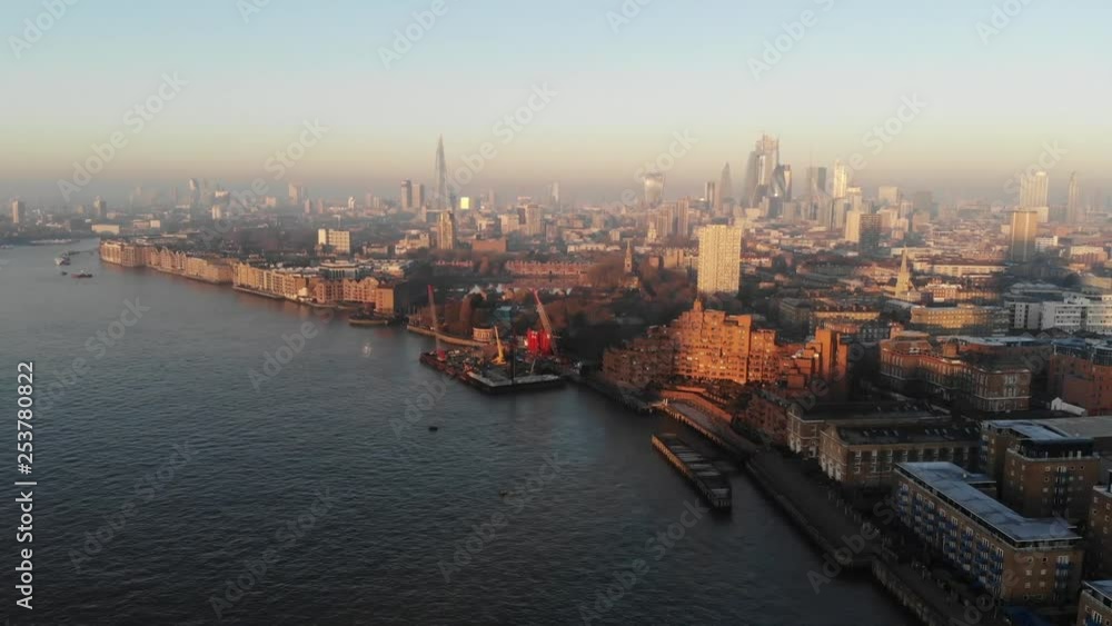 Aerial view of London skyline, the Shard, Walkie-Talkie building in the morning sun Aerial view of London skyline, the Shard, Walkie-Talkie building in the morning sun