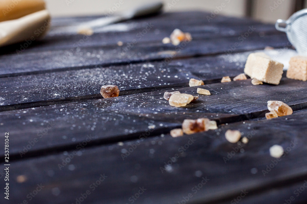 Cooking dough, cooking equipment, flour on a wooden table. Top view with copy space, mockup for menu, recipe. Baking background. Cooking dough, cooking equipment, flour on a wooden table. Top view with copy space, mockup for menu, recipe. Baking background.