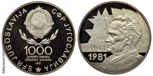 Yugoslavia Yugoslavian silver coin 1000 one thousand dinara 1981, subject 40th Anniversary of Uprising and Revolution, arms, six torches forming one flame flanked by sheaves, head of Josip Bros Tito l photo