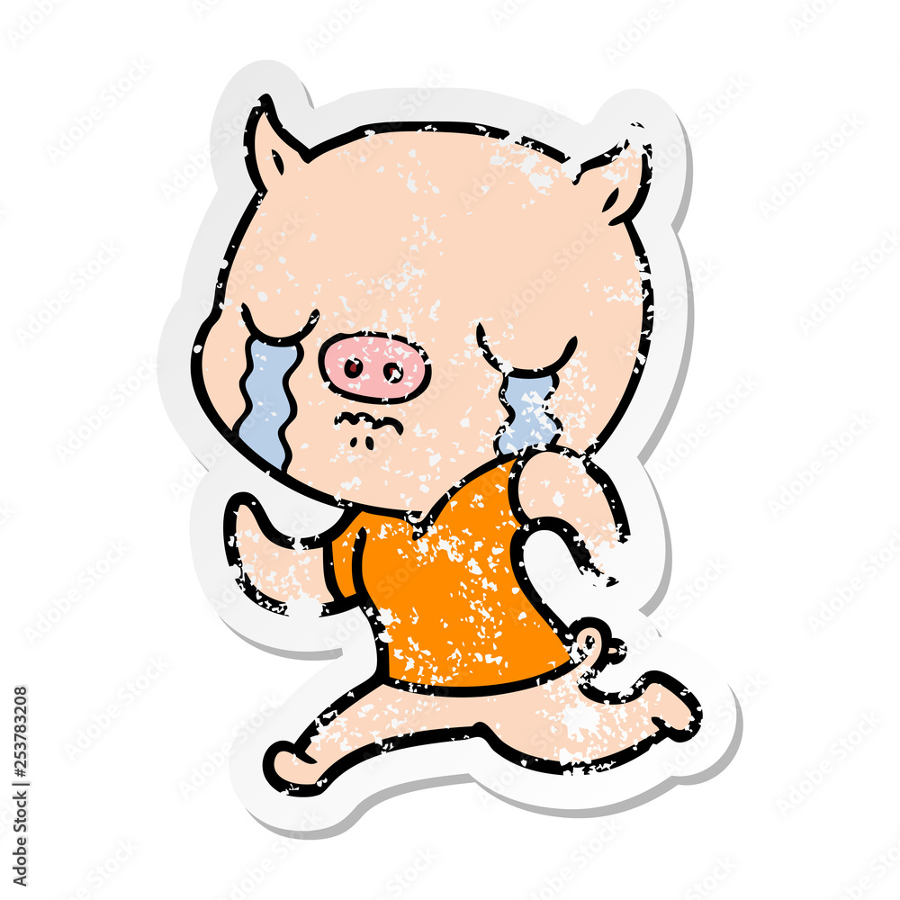 distressed sticker of a cartoon pig crying running away distressed sticker of a cartoon pig crying running away