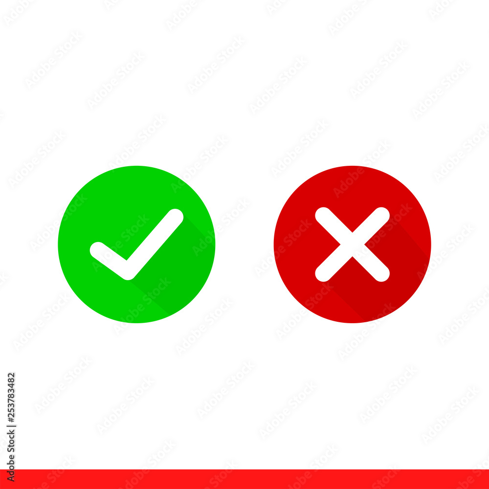 Tick and cross vector icon, checkmark symbol. Simple, flat design for web or mobile app Tick and cross vector icon, checkmark symbol. Simple, flat design for web or mobile app