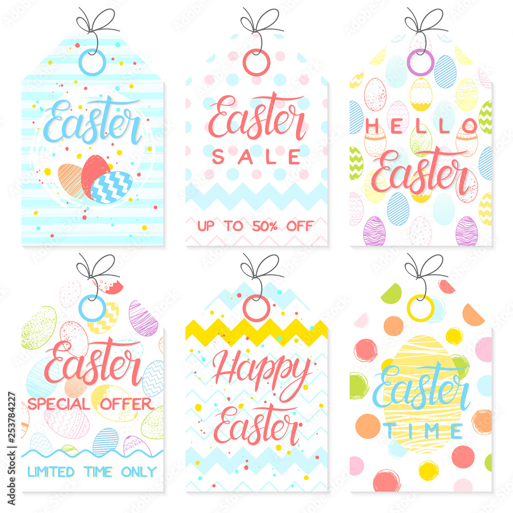 Set of creative Easter cards.Hand drawn lettering with eggs,dots,stripes,zig zag and confetti backgrounds.Seasons greetings cards perfect for prints, flyers,banners,invitations,special offer and more. Set of creative Easter cards.Hand drawn lettering with eggs,dots,stripes,zig zag and confetti backgrounds.Seasons greetings cards perfect for prints, flyers,banners,invitations,special offer and more.