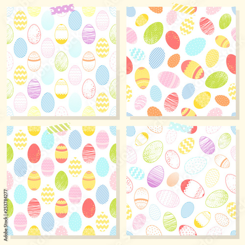 Set of easter seamless patterns with different colorful eggs.Hand drawn stylized elements.Easter holiday decorative backgrounds perfect for prints, flyers,banners,invitations,special offer and more.
