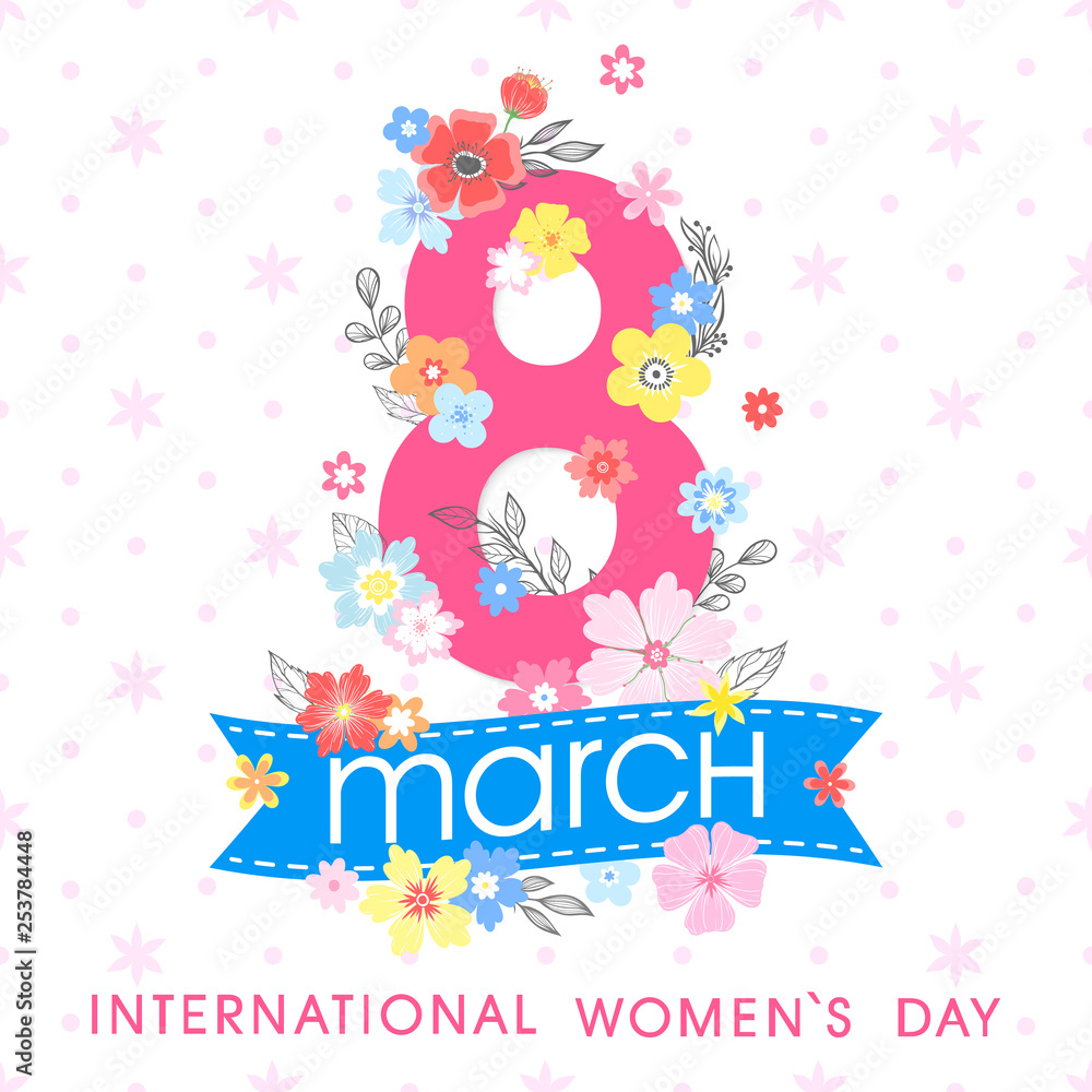 Women`s Day typography with different flowers and ribbon.Seasons greetings card perfect for prints,flyers,posters,holiday invitations and more.Vector 8 march card.