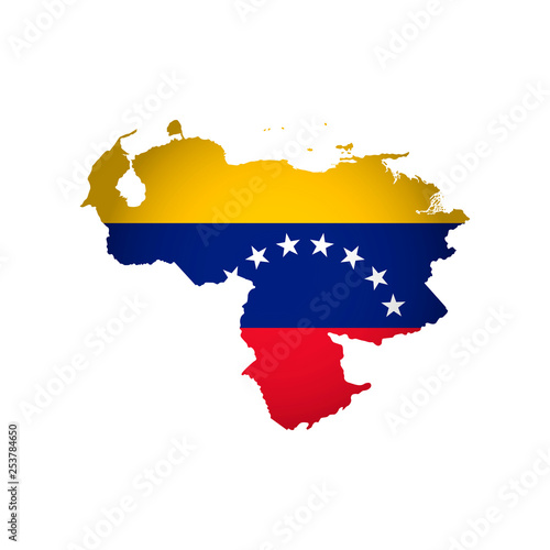 Vector isolated simplified illustration icon with silhouette of Venezuela map. National flag (red, blue, yellow colors). White background