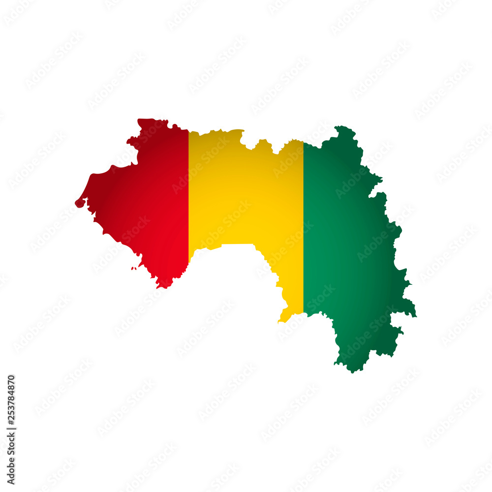 Vector isolated simplified illustration icon with silhouette of Guinea map. National flag (red, yellow, green colors). White background Vector isolated simplified illustration icon with silhouette of Guinea map. National flag (red, yellow, green colors). White background