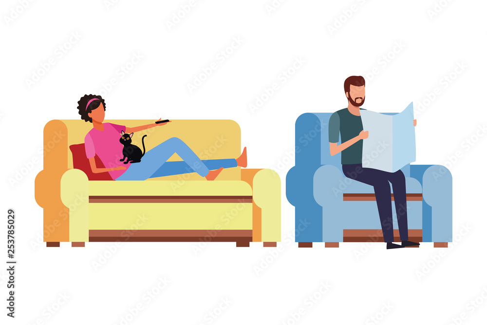 faceless people relax with cat living room