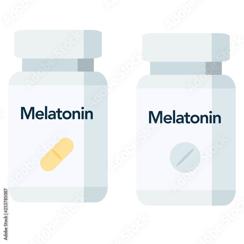 Melatonin is a hormone made by the pineal gland. Melatonin is frequently taken to alleviate difficulty falling or staying asleep. Bottle of pills.