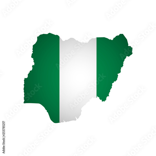 Vector isolated simplified illustration icon with silhouette of Nigeria map. National flag. White background