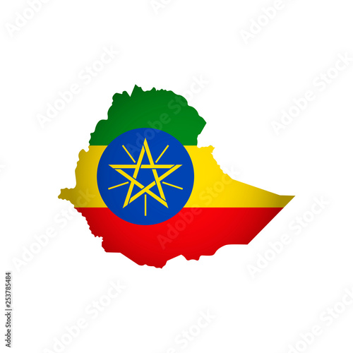 Vector isolated simplified illustration icon with silhouette of Ethiopia map. National flag. White background