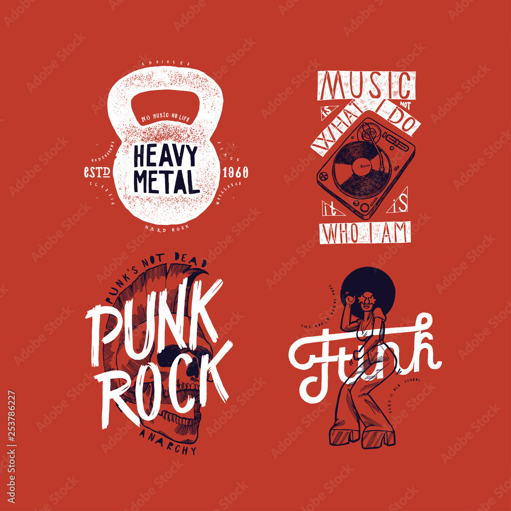 Obraz premium Music t-shirt print design set: heavy metal kettlebell, music is what I do - turntable DJ, punk rock mohawk skull, funk girl afro haircut 80s girl.