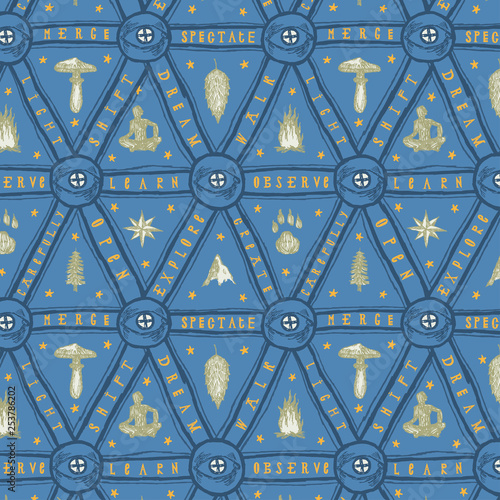 Magic mushroom motivational mystical blue seamless vector pattern