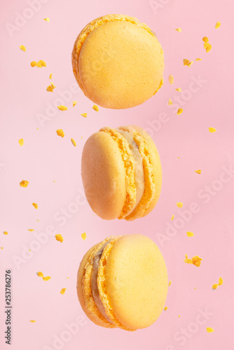 Yellow French Macaroons, Sweet and colorful French macaroons are falling or flying in motion. On a pink background