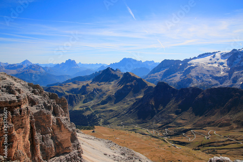 Sella-Gebirgsstock mit Blick auf Marmolade, Dolomiten, Südtirol, Italien, Europa