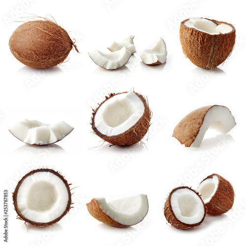 Set of coconut pieces isolated on white
