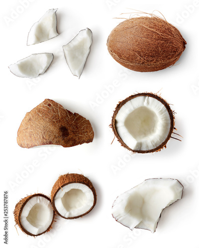 Set of coconut pieces isolated on white, top view