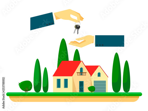 Against the background of a private country house, human hands pass the keys to the newly purchased home. Vector illustration on white background in flat style.