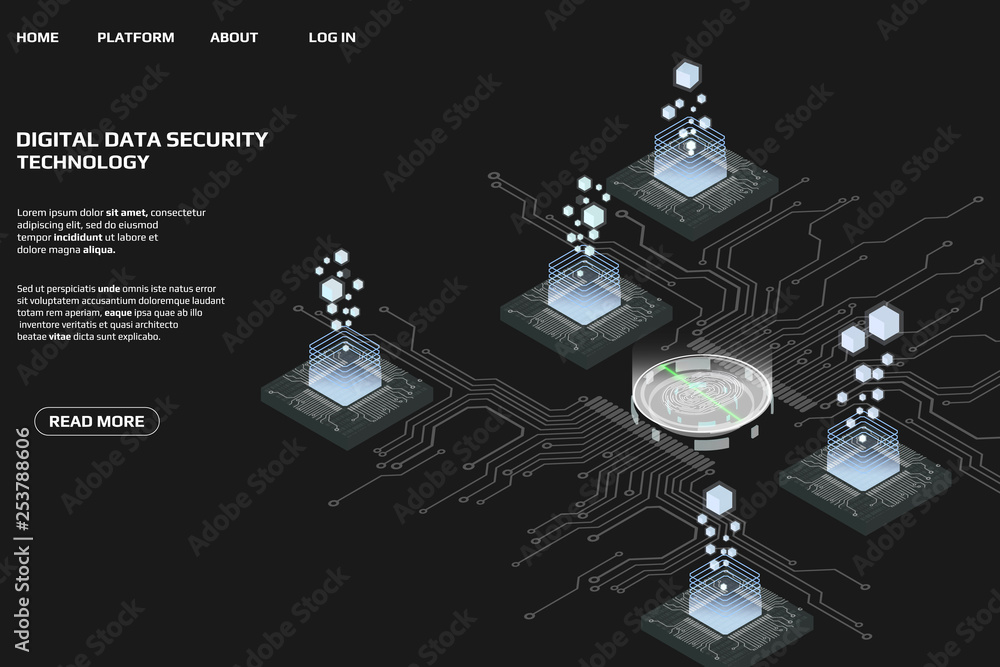 Naklejka premium Digital Isometric Fingerprint Scanning Security System Data Access Protection Gadgets.Abstract Authentication Futuristic Circle Circuit Board Panel Element Illustration Background.