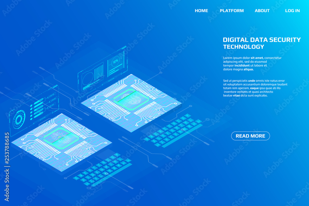 Digital Isometric Fingerprint UI Scanning Security System Data Access Protection Gadgets.Abstract HUD Authentication Futuristic CPU Circuit Board Panel Element Illustration Background.
