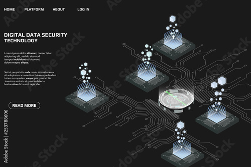 Digital Isometric Fingerprint Scanning Security System Data Access Protection Gadgets.Abstract Authentication Futuristic Circle Circuit Board Panel Element Illustration Background.